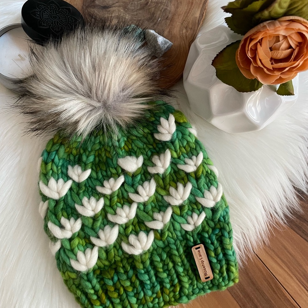 Handcrafted Green Floral Knit Pom Beanie for Kids - Plush Faux Fur Pom